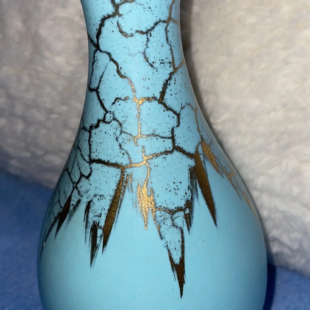 Vintage German Turquoise & Gold Ceramic Vase.  1930’s - Picture 5 of 5